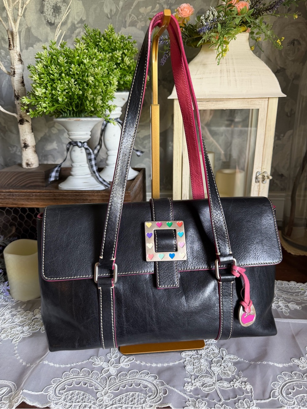 Y2K Dooney & Bourke black & pink leather shoulder bag square hearts buckle